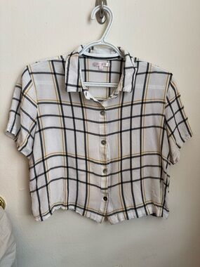 Cropped White Plaid Button-Up Shirt with Black & Mustard Stripes